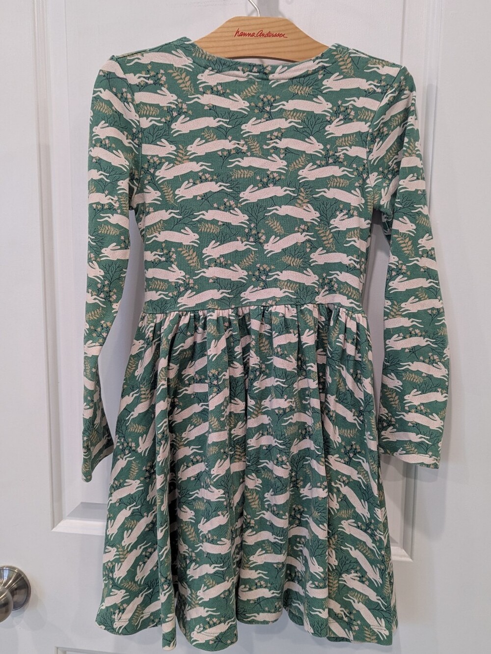 Mini Boden Kids Dress Cotton Long Sleeve Sage Green Bunny Rabbits Girl Size 9 10 - Picture 3 of 6